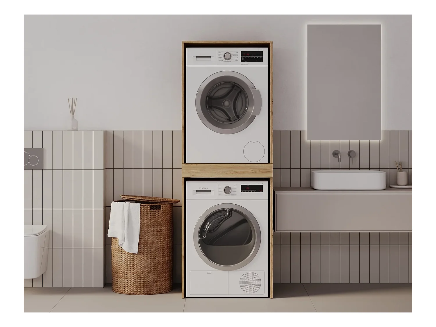 Armoire pour machine à laver et sèche-linge avec tablette coulissante • Meuble de rangement pour lave-linge et sèche-linge • Armoire de surplomb 187 x 65 x 66 cm