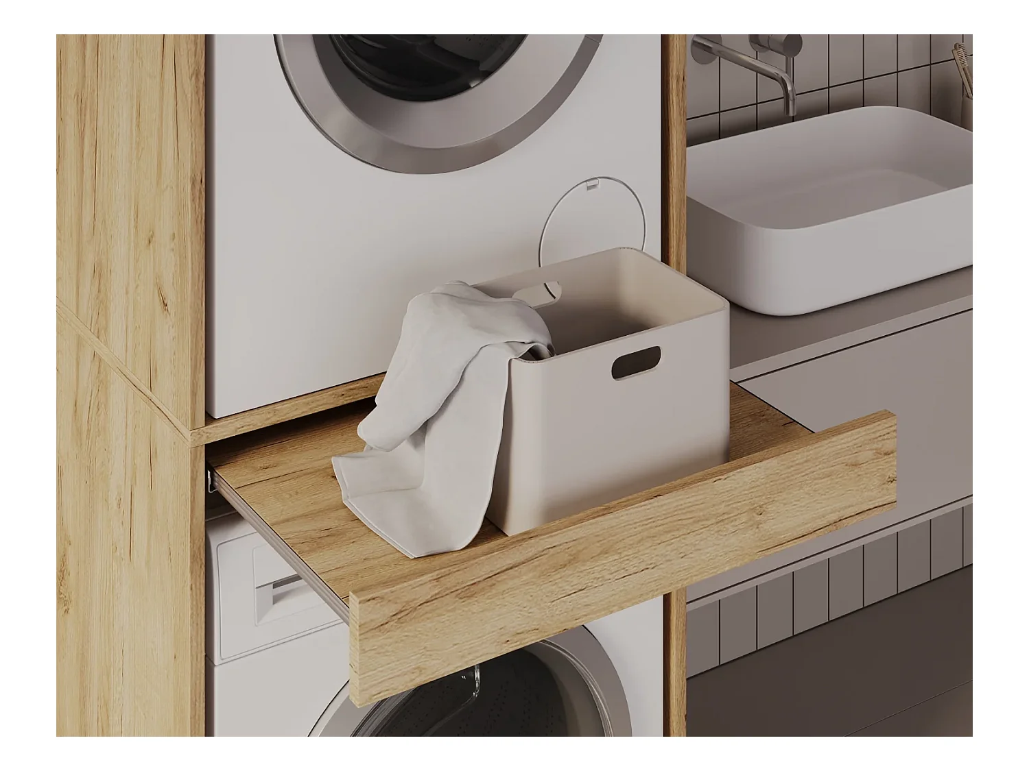 Armoire pour machine à laver et sèche-linge avec tablette coulissante • Meuble de rangement pour lave-linge et sèche-linge • Armoire de surplomb 187 x 65 x 66 cm