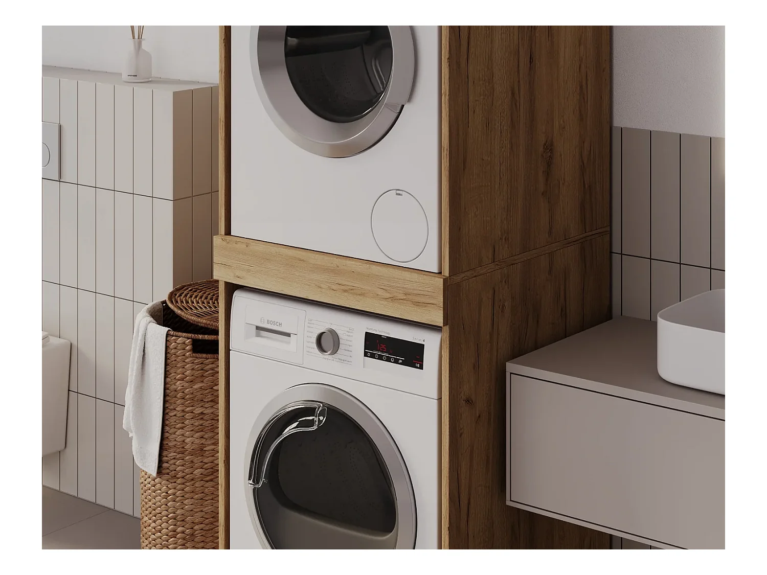 Armoire pour machine à laver et sèche-linge avec tablette coulissante • Meuble de rangement pour lave-linge et sèche-linge • Armoire de surplomb 187 x 65 x 66 cm