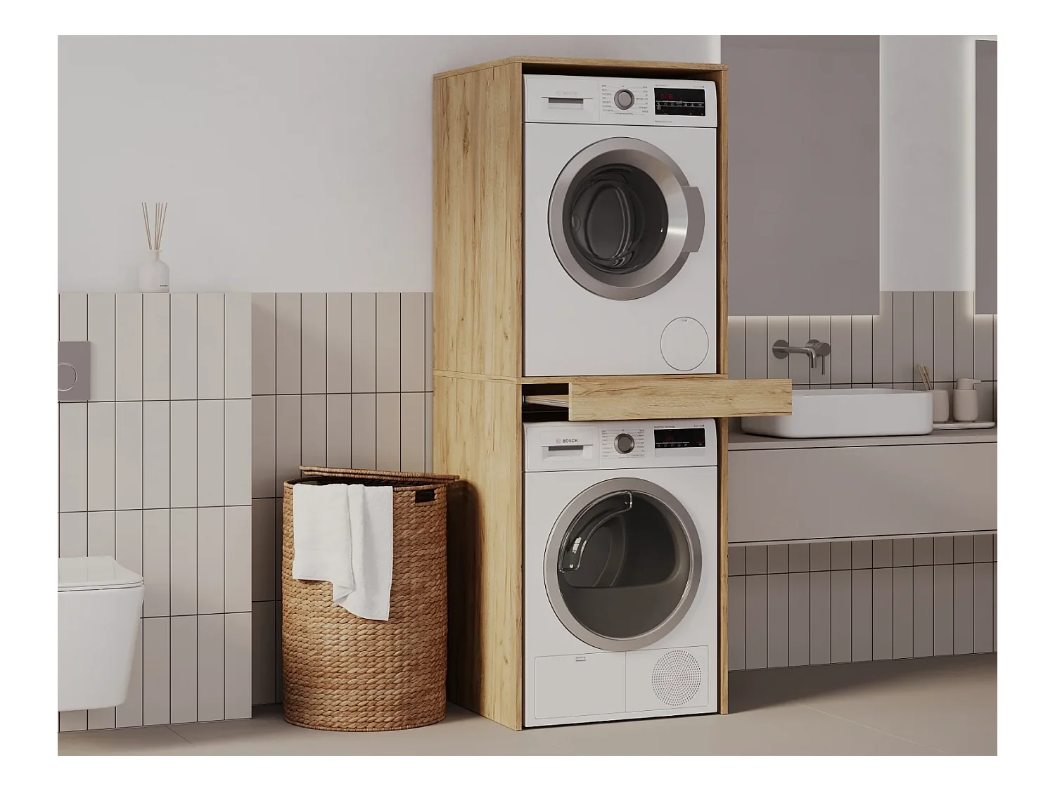 Armoire pour machine à laver et sèche-linge avec tablette coulissante • Meuble de rangement pour lave-linge et sèche-linge • Armoire de surplomb 187 x 65 x 66 cm