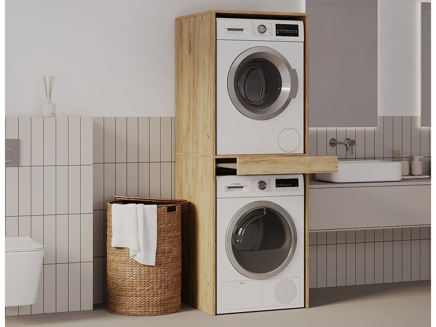 Armoire pour machine à laver et sèche-linge avec tablette coulissante • Meuble de rangement pour lave-linge et sèche-linge • Armoire de surplomb 187 x 65 x 66 cm