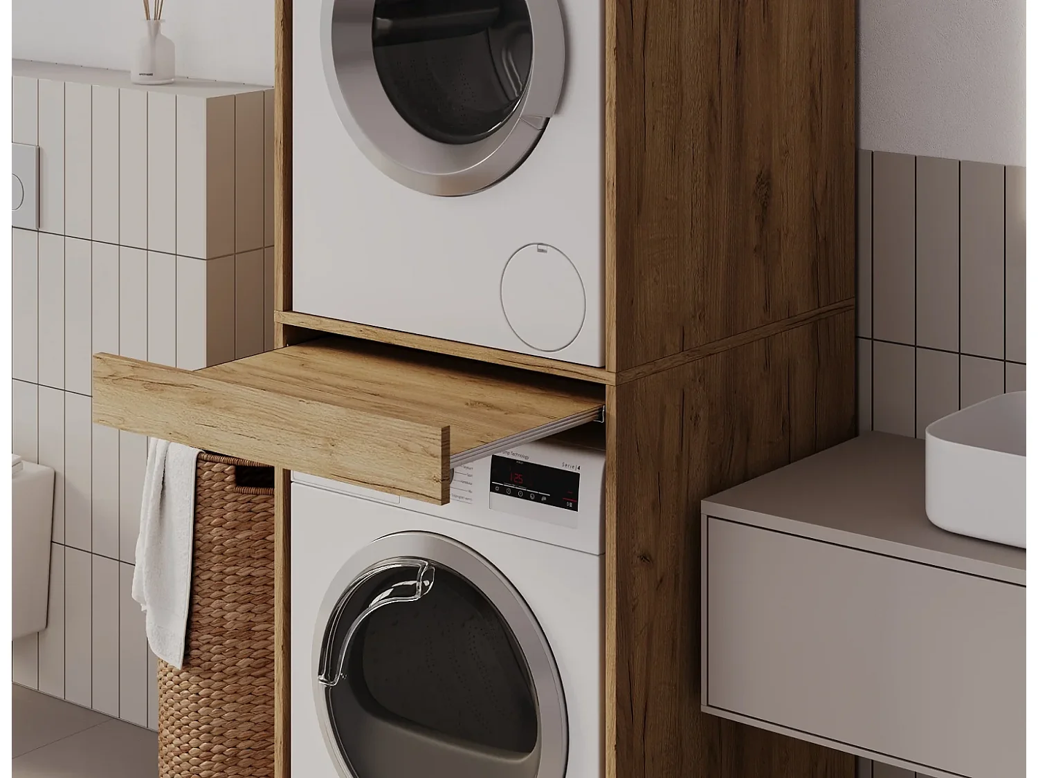 Armoire pour machine à laver et sèche-linge avec tablette coulissante • Meuble de rangement pour lave-linge et sèche-linge • Armoire de surplomb 187 x 65 x 66 cm