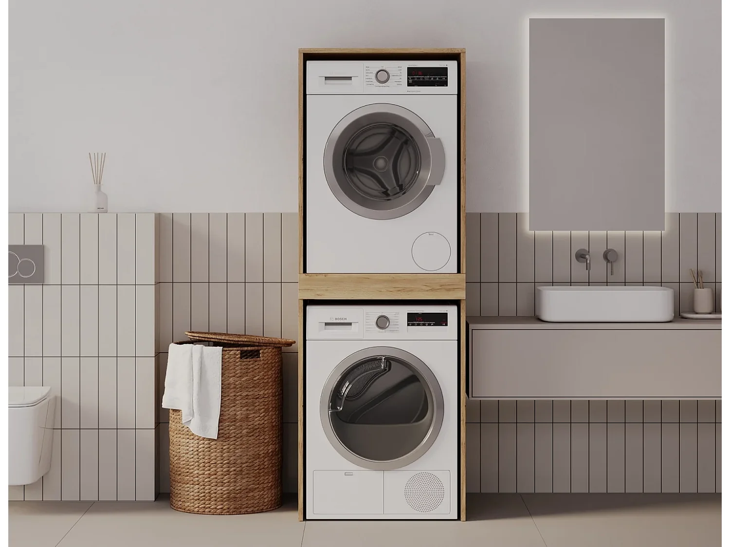 Armoire pour machine à laver et sèche-linge avec tablette coulissante • Meuble de rangement pour lave-linge et sèche-linge • Armoire de surplomb 187 x 65 x 66 cm