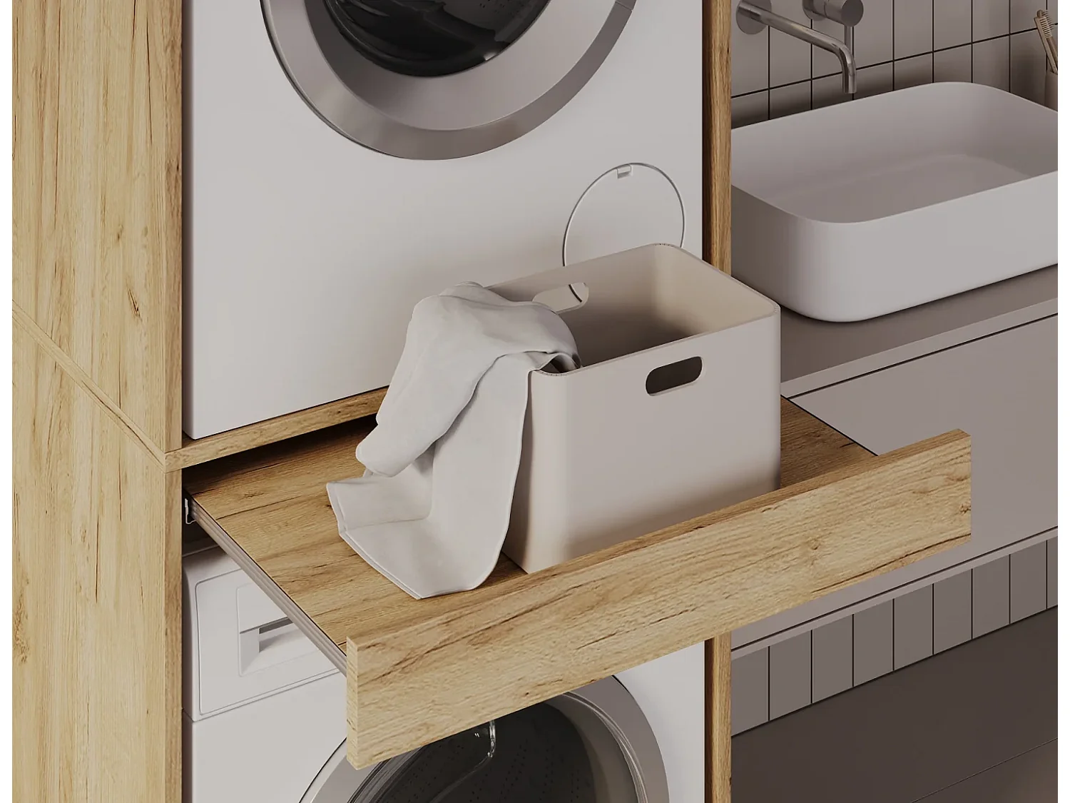 Armoire pour machine à laver et sèche-linge avec tablette coulissante • Meuble de rangement pour lave-linge et sèche-linge • Armoire de surplomb 187 x 65 x 66 cm