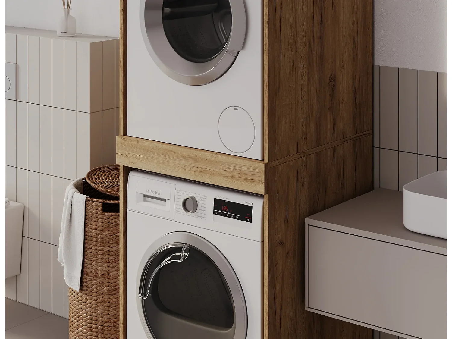 Armoire pour machine à laver et sèche-linge avec tablette coulissante • Meuble de rangement pour lave-linge et sèche-linge • Armoire de surplomb 187 x 65 x 66 cm