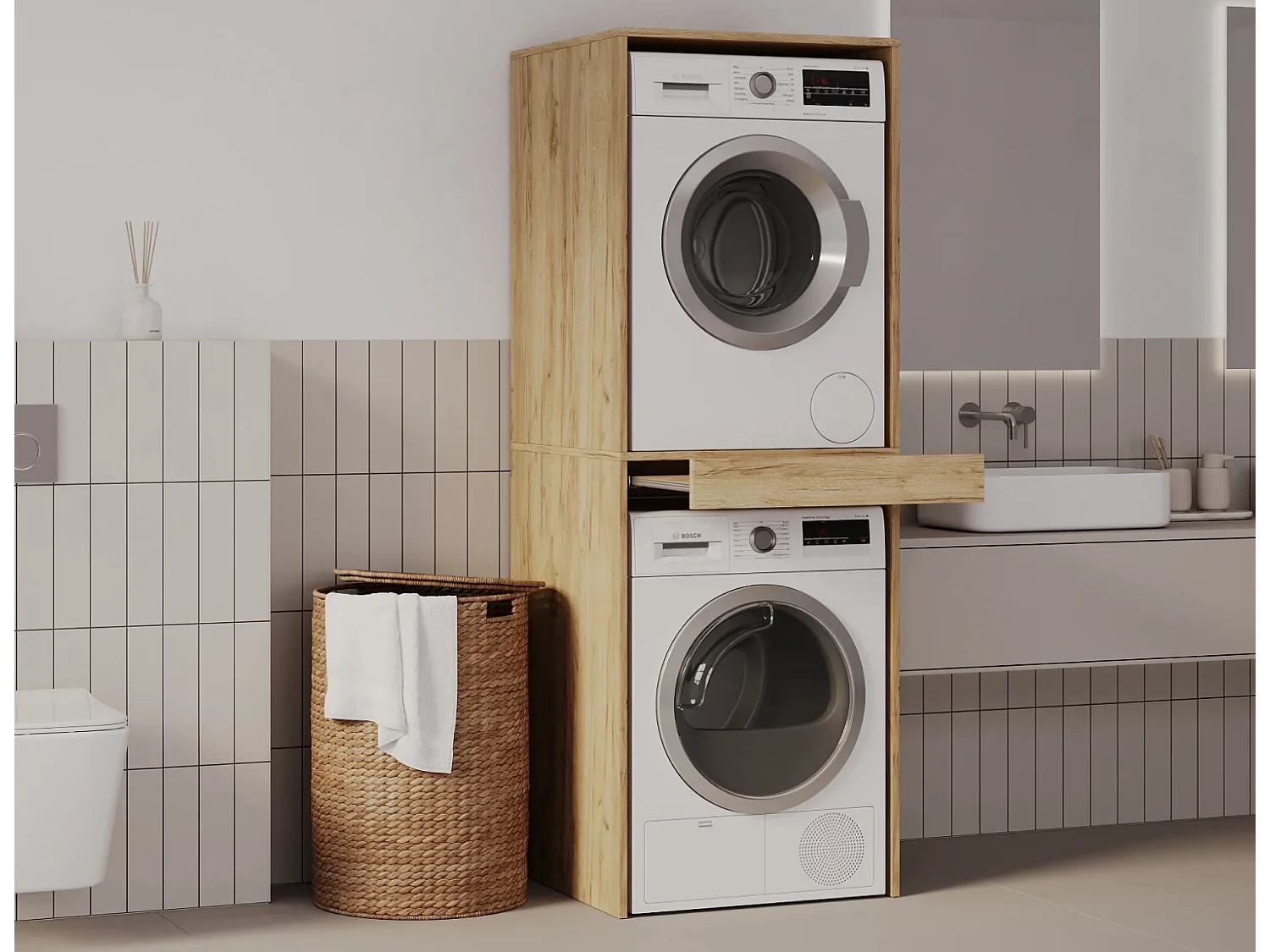 Armoire pour machine à laver et sèche-linge avec tablette coulissante • Meuble de rangement pour lave-linge et sèche-linge • Armoire de surplomb 187 x 65 x 66 cm