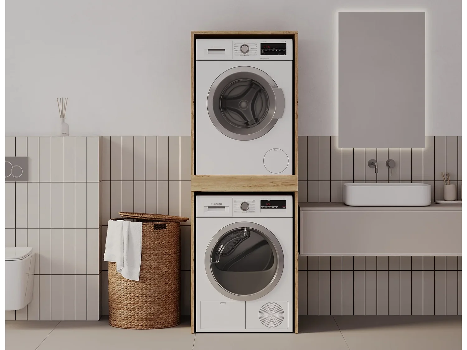 Armoire pour machine à laver et sèche-linge avec tablette coulissante • Meuble de rangement pour lave-linge et sèche-linge • Armoire de surplomb 187 x 65 x 66 cm