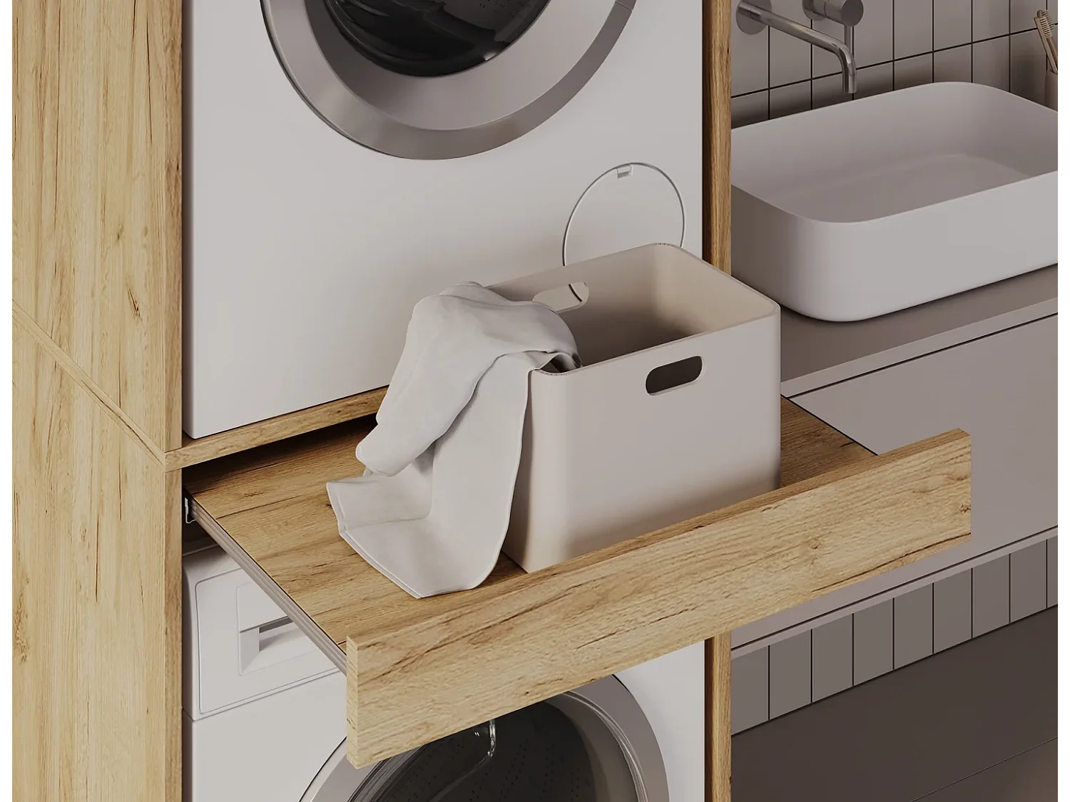 Armoire pour machine à laver et sèche-linge avec tablette coulissante • Meuble de rangement pour lave-linge et sèche-linge • Armoire de surplomb 187 x 65 x 66 cm