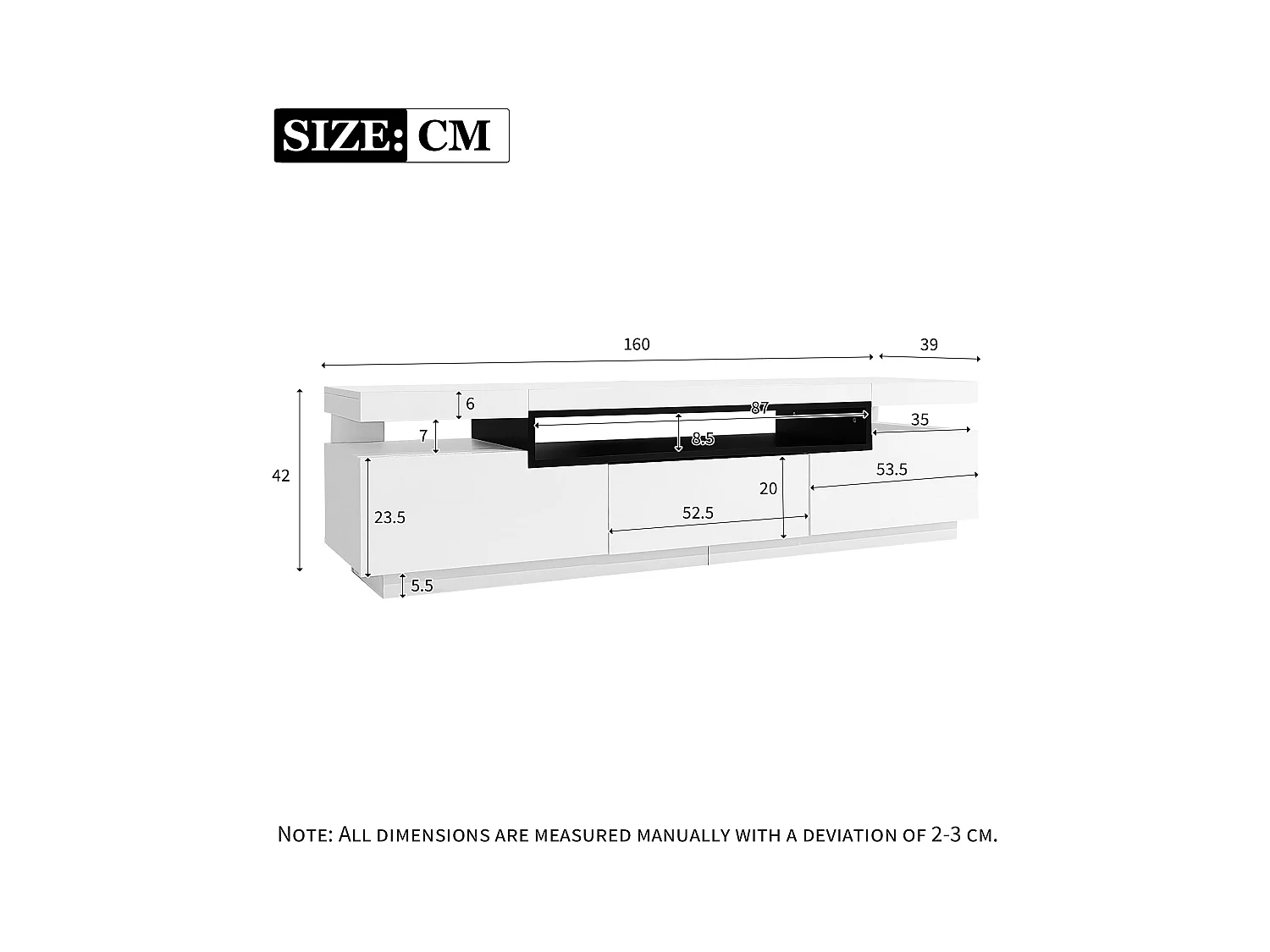 Meuble TV 160x39x42 cm avec LED en 3 tiroirs - meuble de rangement ouvert en bois - blanc