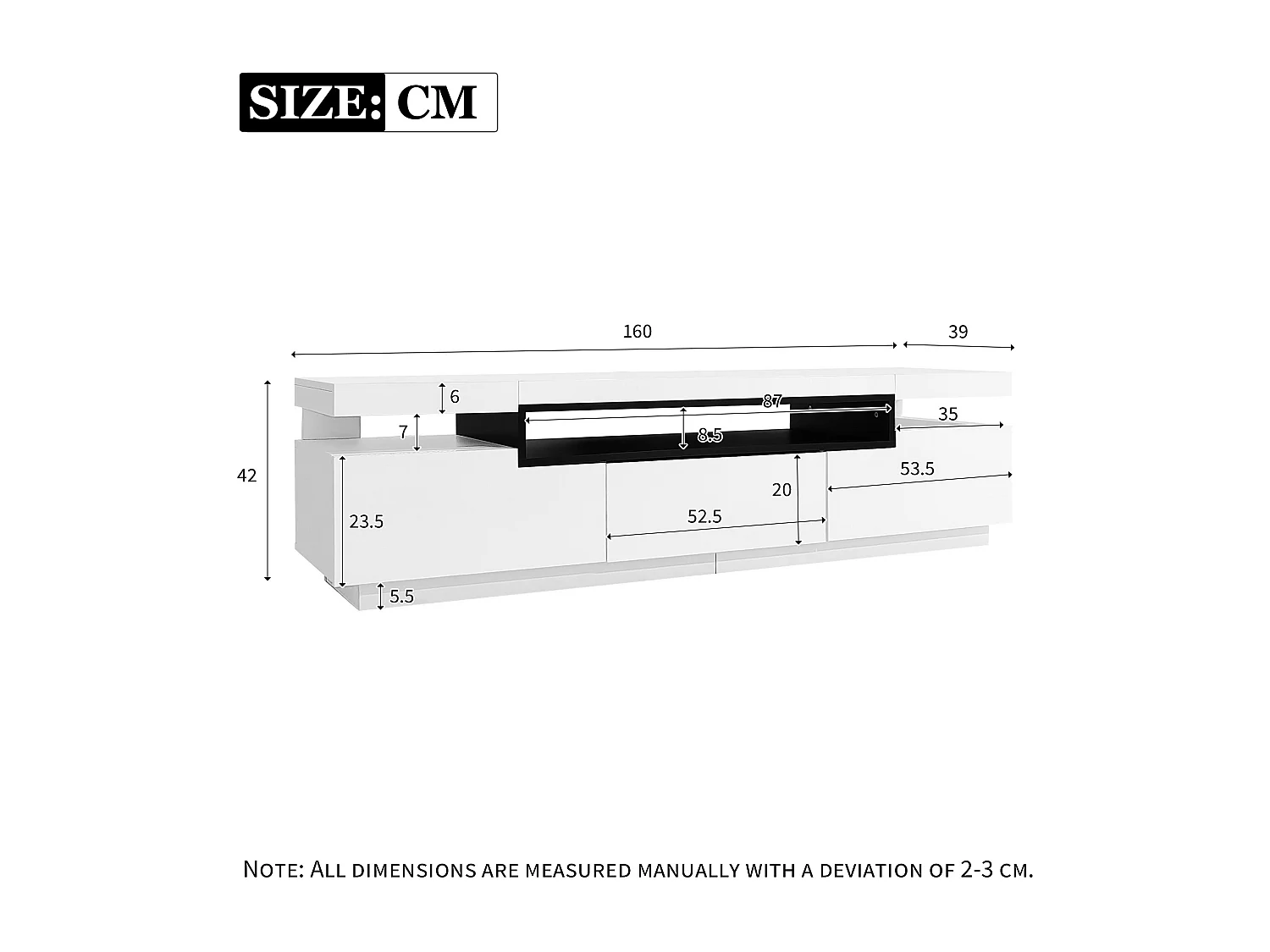 Meuble TV 160x39x42 cm avec LED en 3 tiroirs - meuble de rangement ouvert en bois - blanc