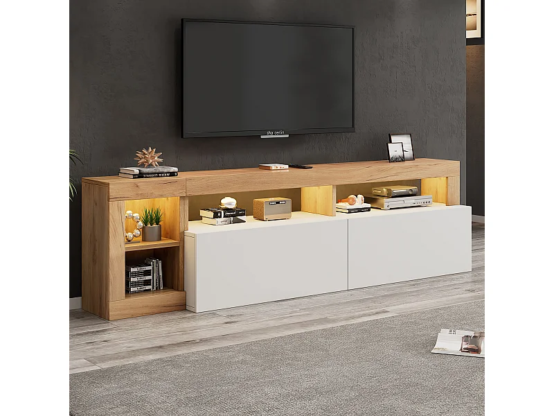 Meuble TV 184x42x58 cm avec lumières LED avec 2 portes - abattantes rangement ouvert en bois - blanc