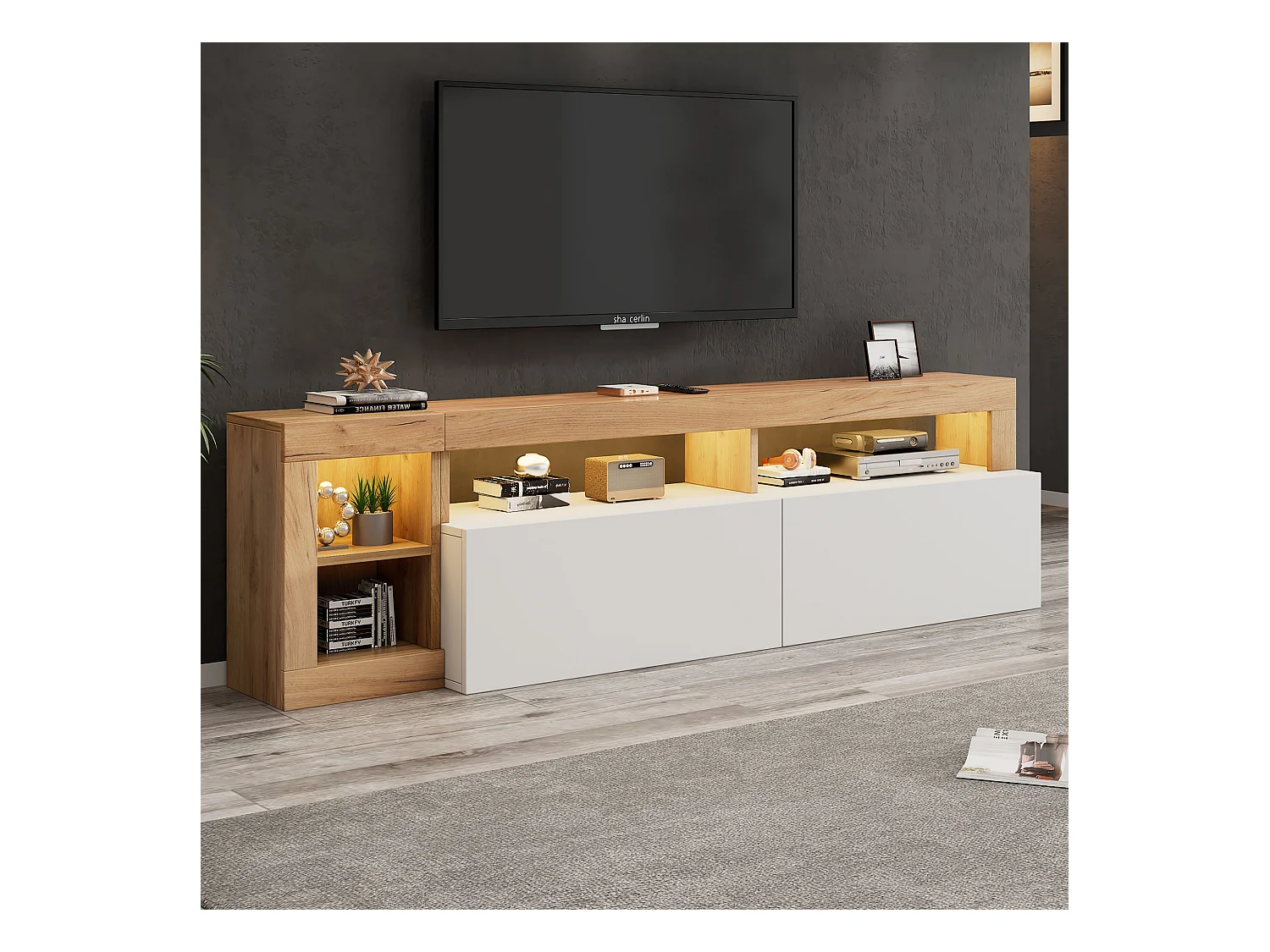Meuble TV 184x42x58 cm avec lumières LED avec 2 portes - abattantes rangement ouvert en bois - blanc