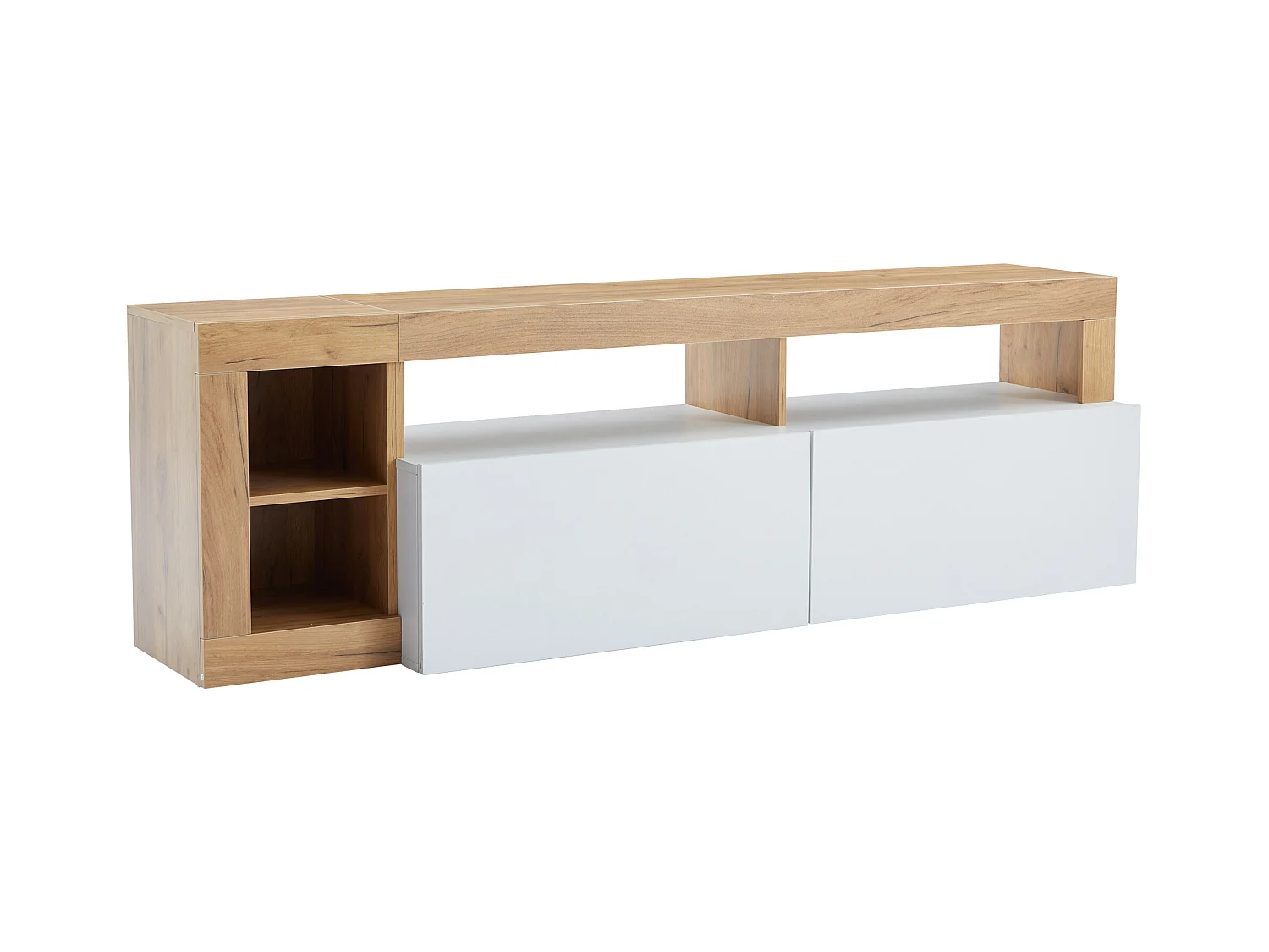 Meuble TV 184x42x58 cm avec lumières LED avec 2 portes - abattantes rangement ouvert en bois - blanc