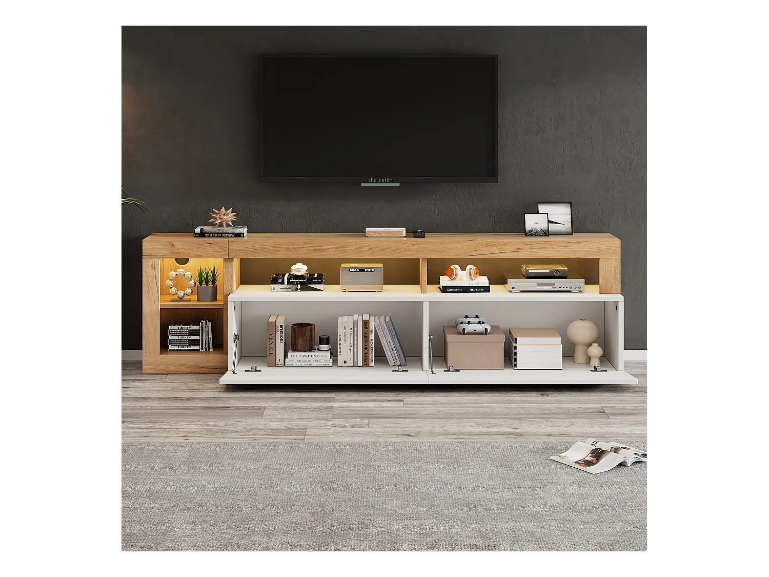Meuble TV 184x42x58 cm avec lumières LED avec 2 portes - abattantes rangement ouvert en bois - blanc
