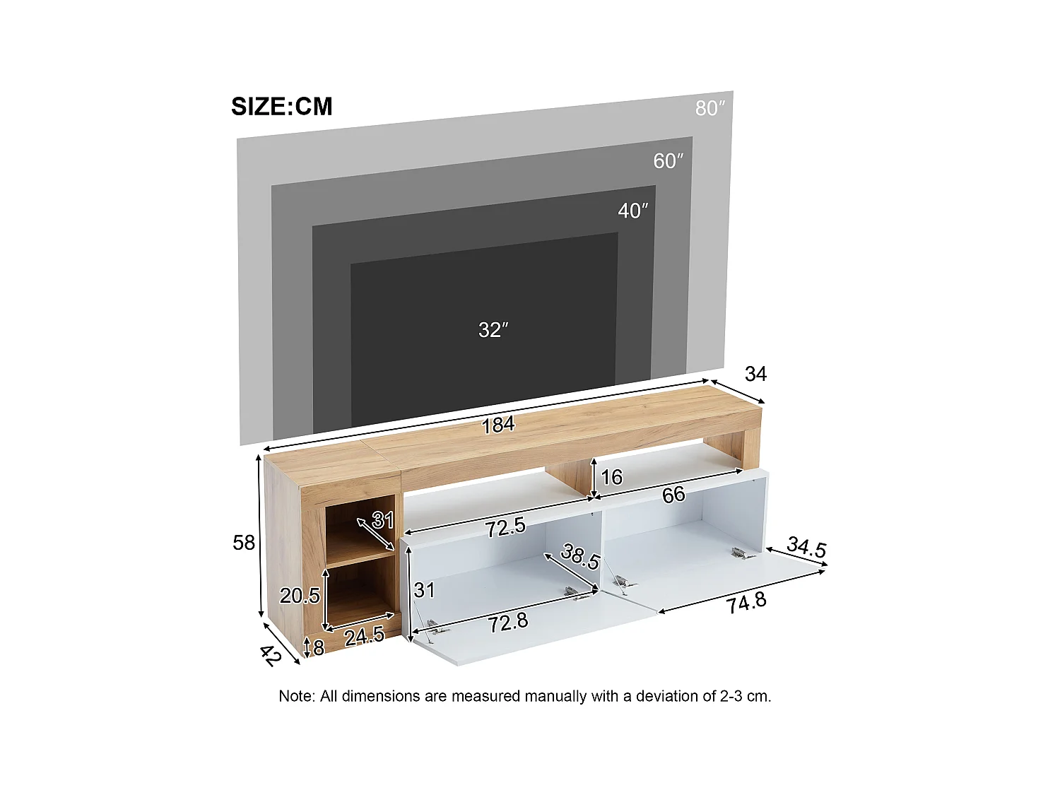 Meuble TV 184x42x58 cm avec lumières LED avec 2 portes - abattantes rangement ouvert en bois - blanc