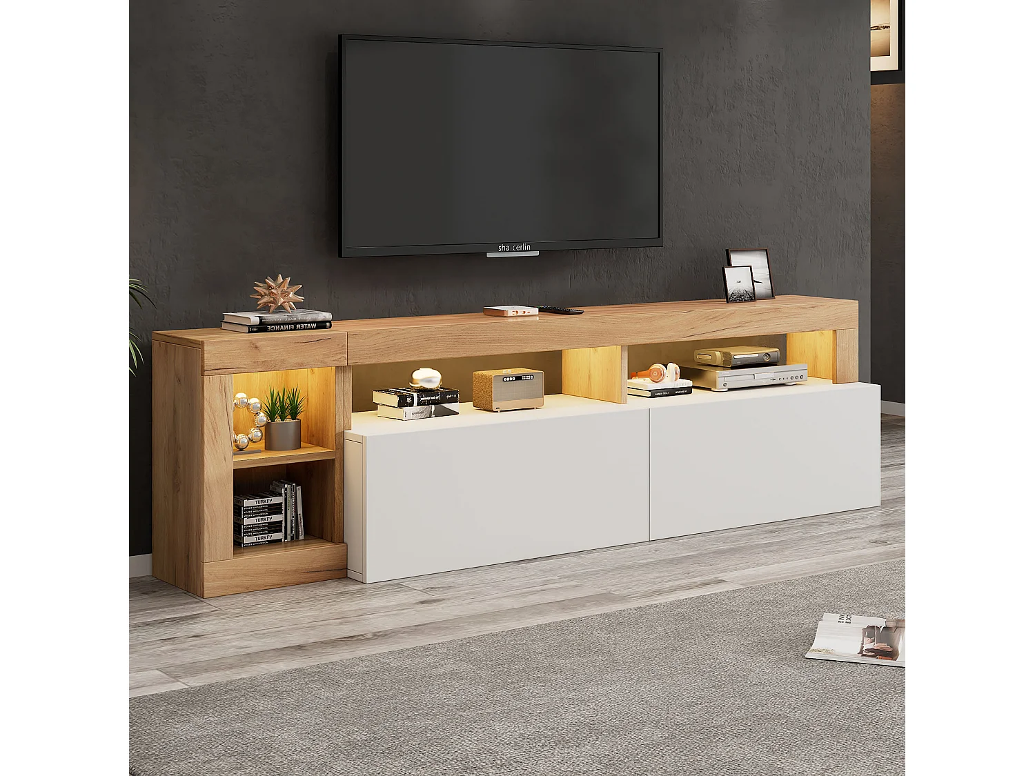 Meuble TV 184x42x58 cm avec lumières LED avec 2 portes - abattantes rangement ouvert en bois - blanc