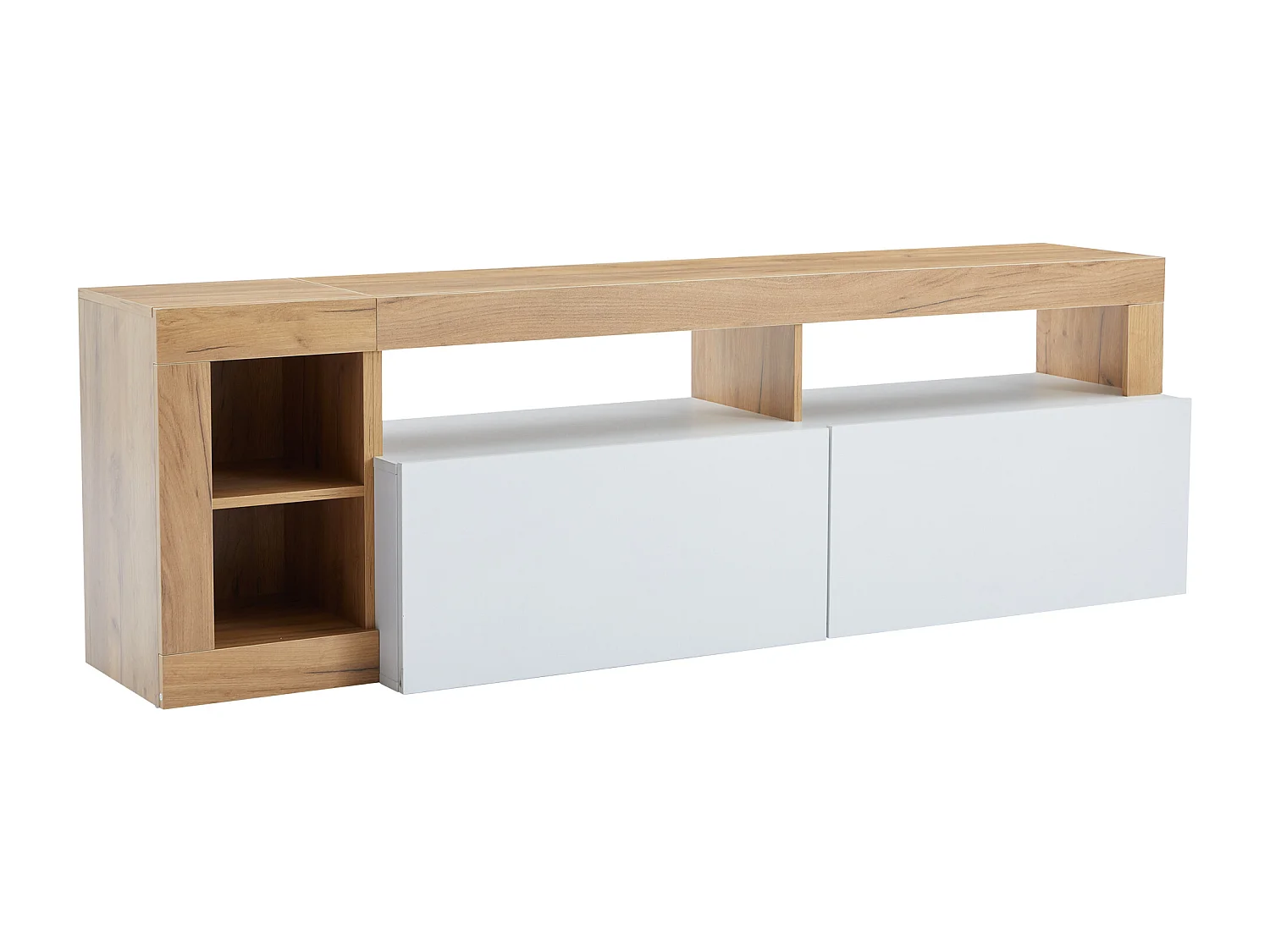 Meuble TV 184x42x58 cm avec lumières LED avec 2 portes - abattantes rangement ouvert en bois - blanc