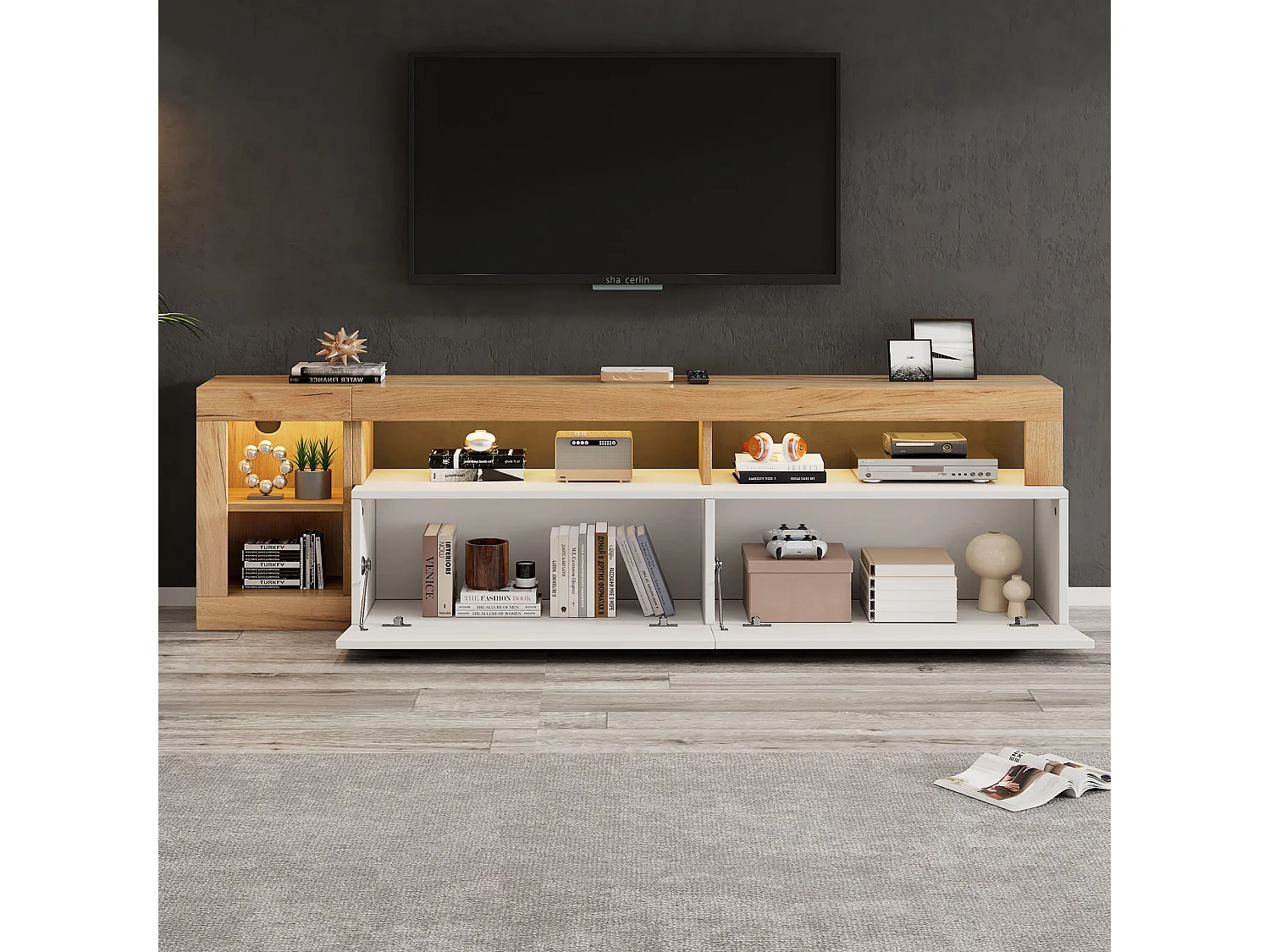 Meuble TV 184x42x58 cm avec lumières LED avec 2 portes - abattantes rangement ouvert en bois - blanc