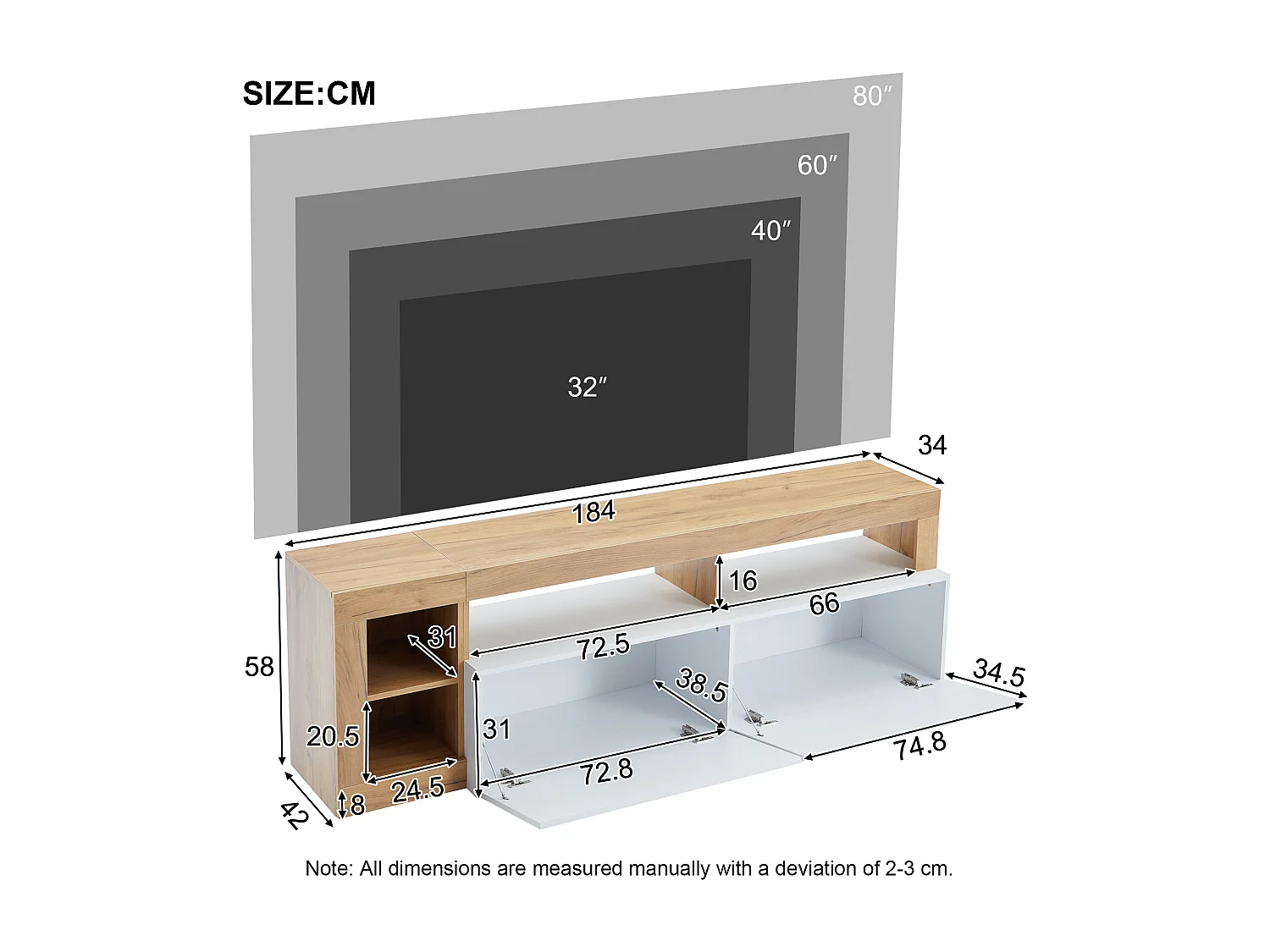 Meuble TV 184x42x58 cm avec lumières LED avec 2 portes - abattantes rangement ouvert en bois - blanc