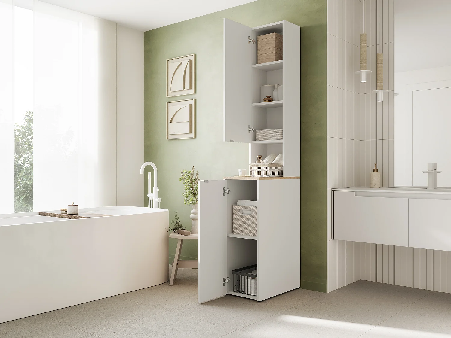 Armoire haute de salle de bain - 210 x 33 x 56 cm Armoire de rangement étroite pour salle de bain