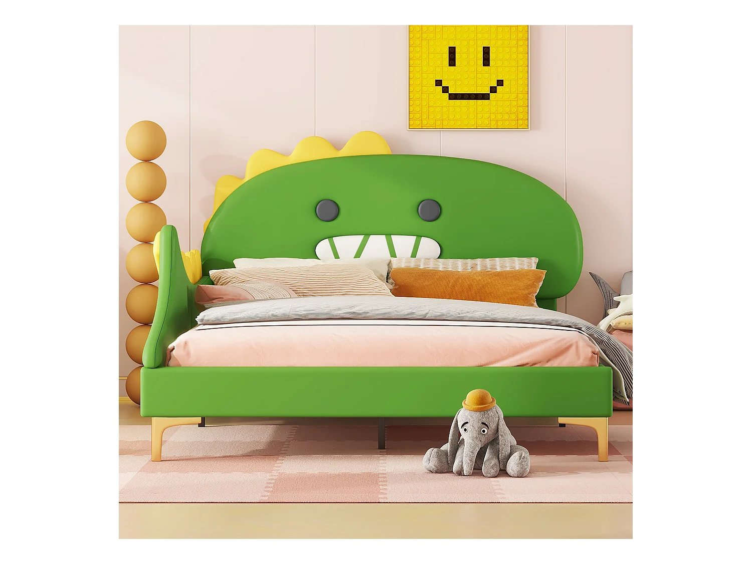Lit adulte 140x200 cm avec sommier - tête de lit capitonnée forme de dinosaure - similicuir - vert (sans matelas)