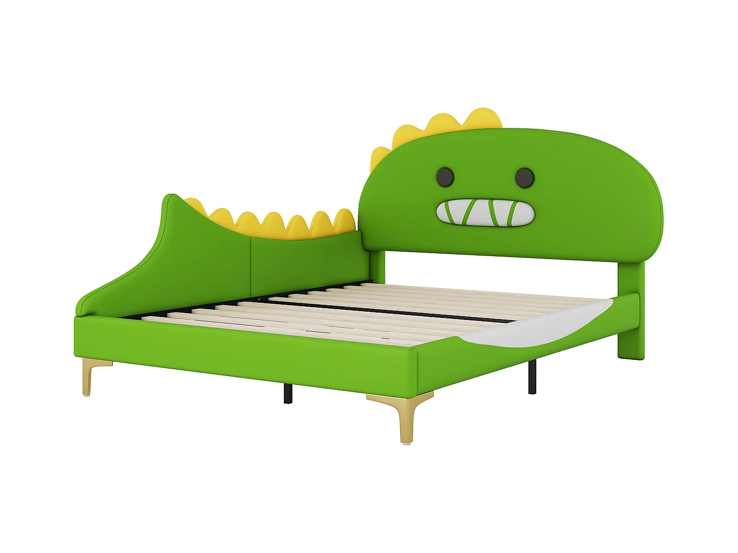 Lit adulte 140x200 cm avec sommier - tête de lit capitonnée forme de dinosaure - similicuir - vert (sans matelas)