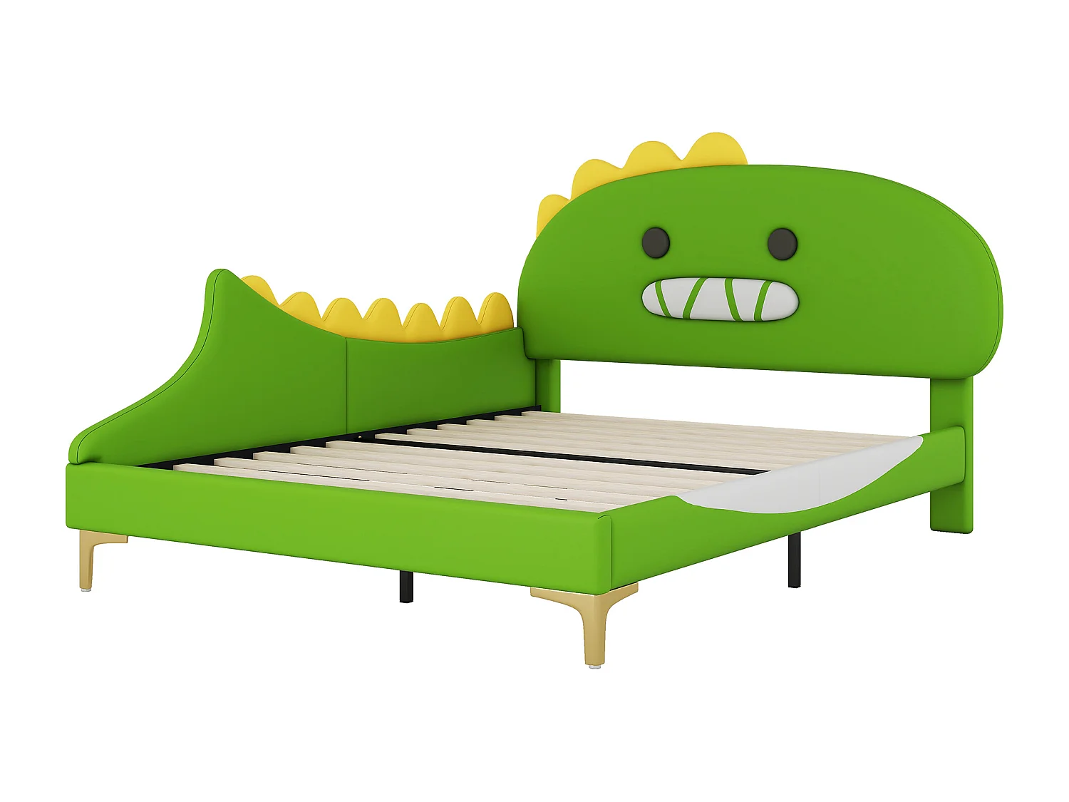 Lit adulte 140x200 cm avec sommier - tête de lit capitonnée forme de dinosaure - similicuir - vert (sans matelas)