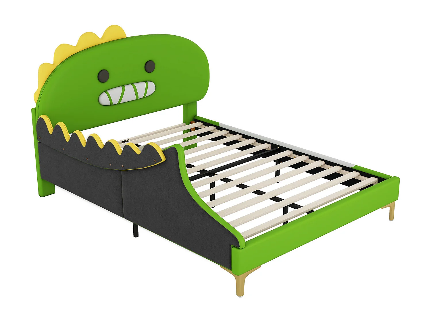 Lit adulte 140x200 cm avec sommier - tête de lit capitonnée forme de dinosaure - similicuir - vert (sans matelas)