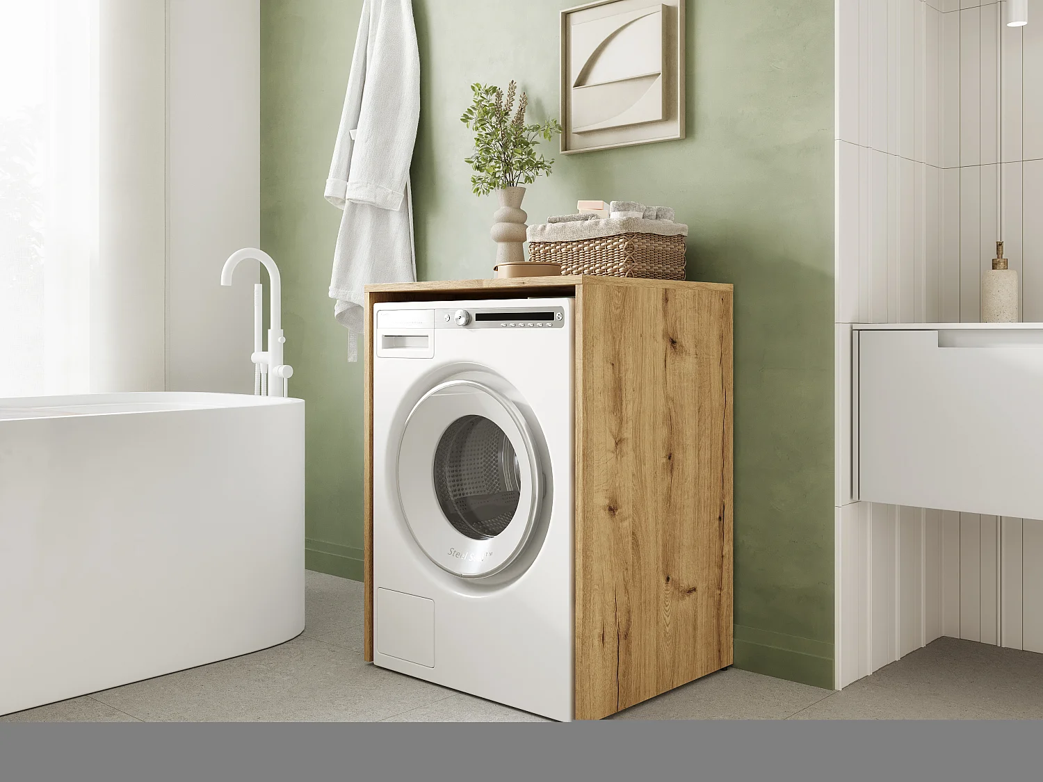 Stella Trading NERJA Armoire De Machine à Laver - Portes Aspect Artisanal Blanc, Chêne Artisan, 75x93x68 Cm