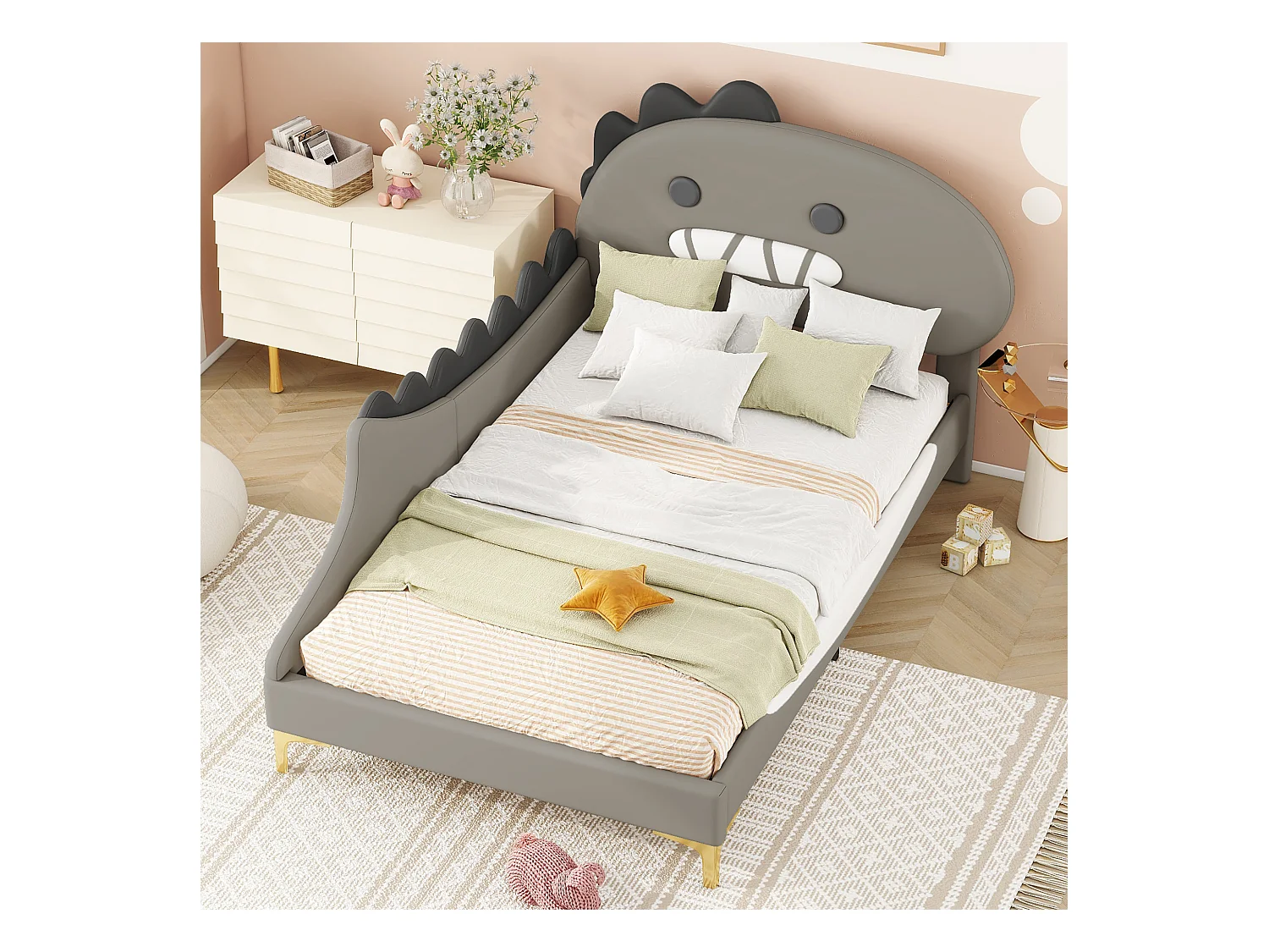 Lit enfant simple 90x200 cm avec sommier - tête de lit capitonnée forme de dinosaure - similicuir - gris (sans matelas)