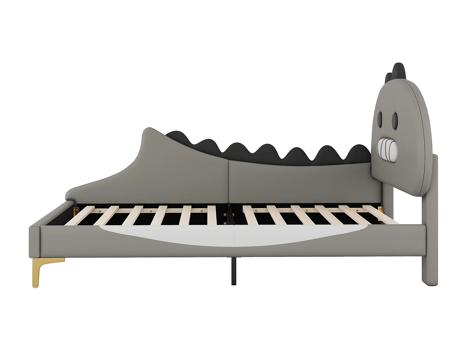 Lit enfant 90x200 cm avec sommier - tête de lit capitonnée forme de dinosaure - similicuir - gris (sans matelas)