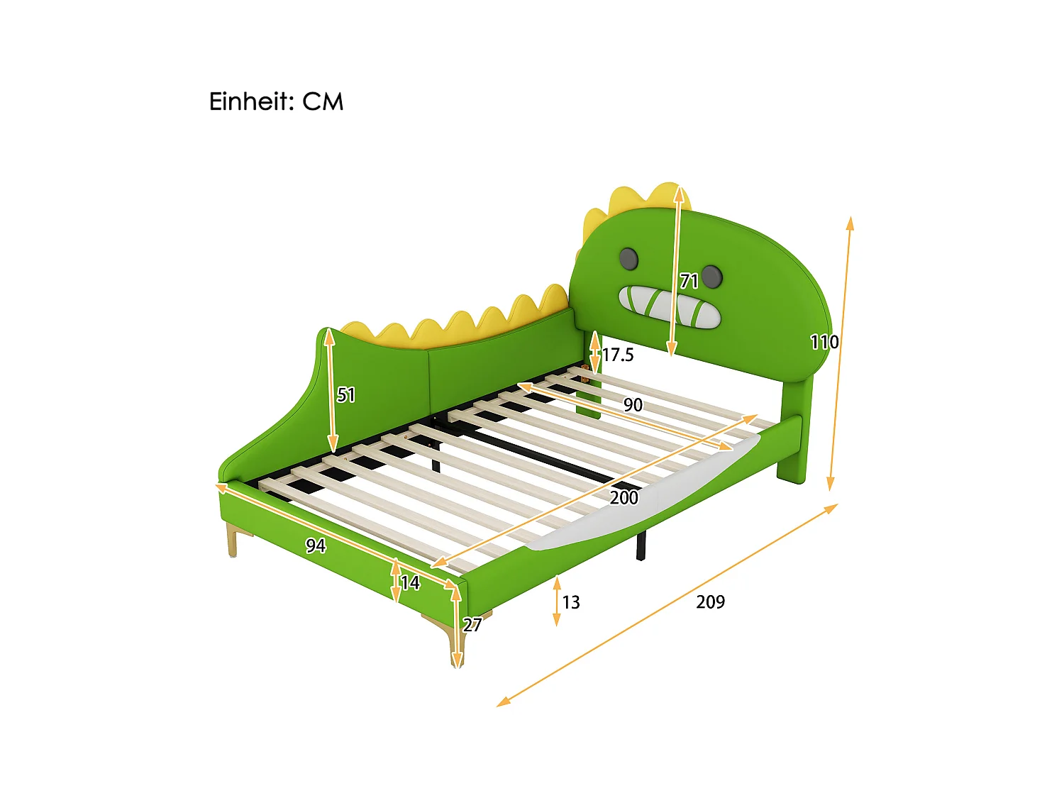 Lit enfant 90x200 cm avec tête de lit forme de dinosaure - similicuir - vert (sans matelas)
