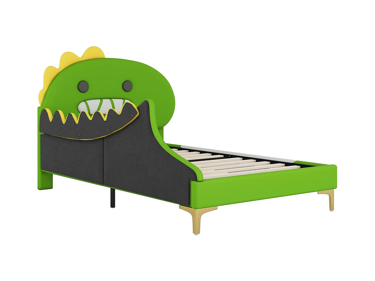 Lit enfant 90x200 cm avec tête de lit forme de dinosaure - similicuir - vert (sans matelas)