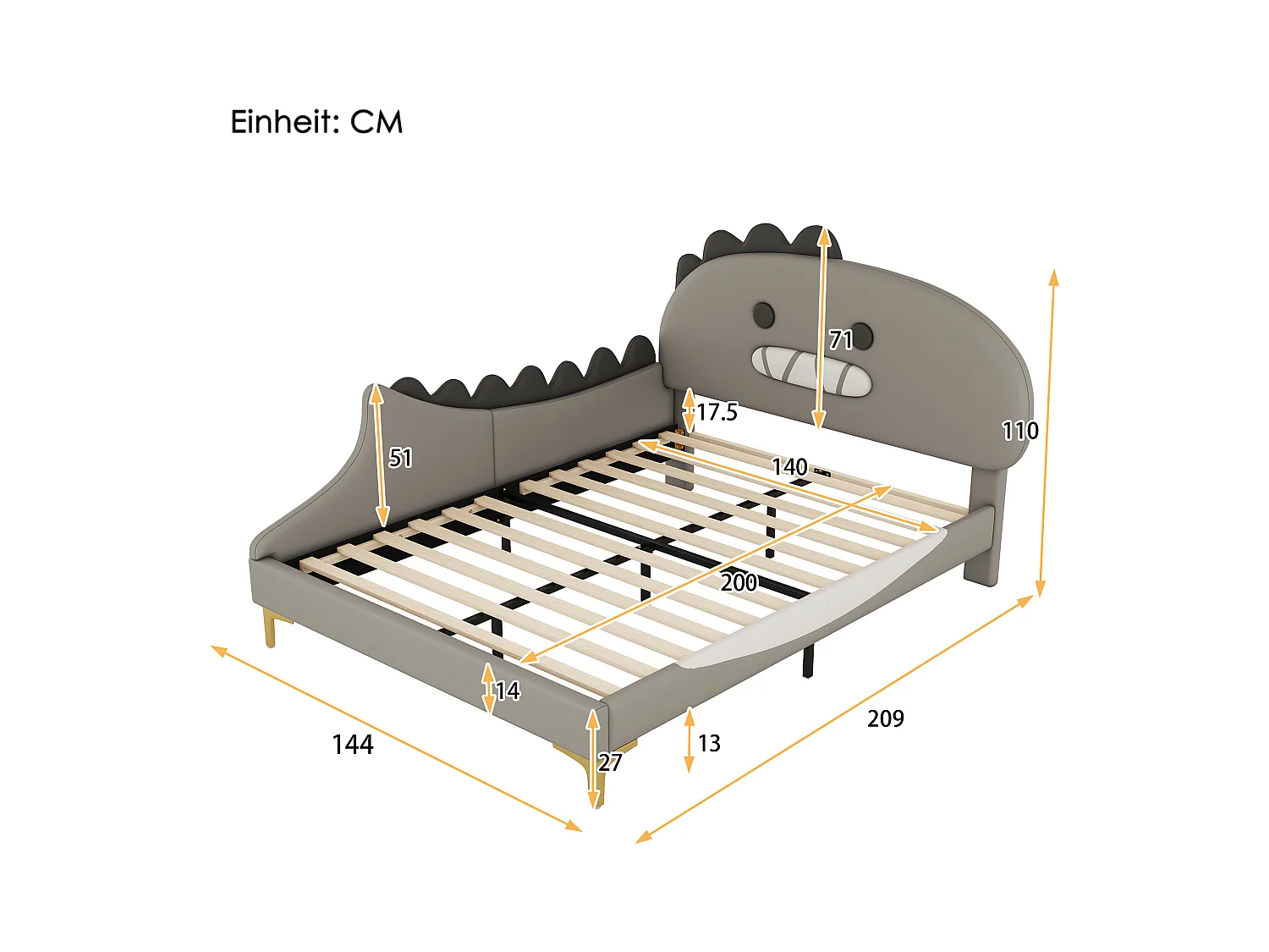 Lit adulte 140x200 cm avec sommier - tête de lit capitonnée forme de dinosaure - similicuir - gris (sans matelas)