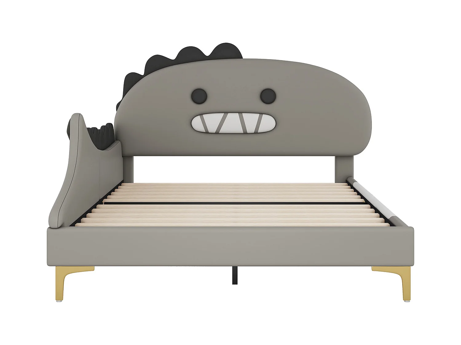 Lit adulte 140x200 cm avec sommier - tête de lit capitonnée forme de dinosaure - similicuir - gris (sans matelas)