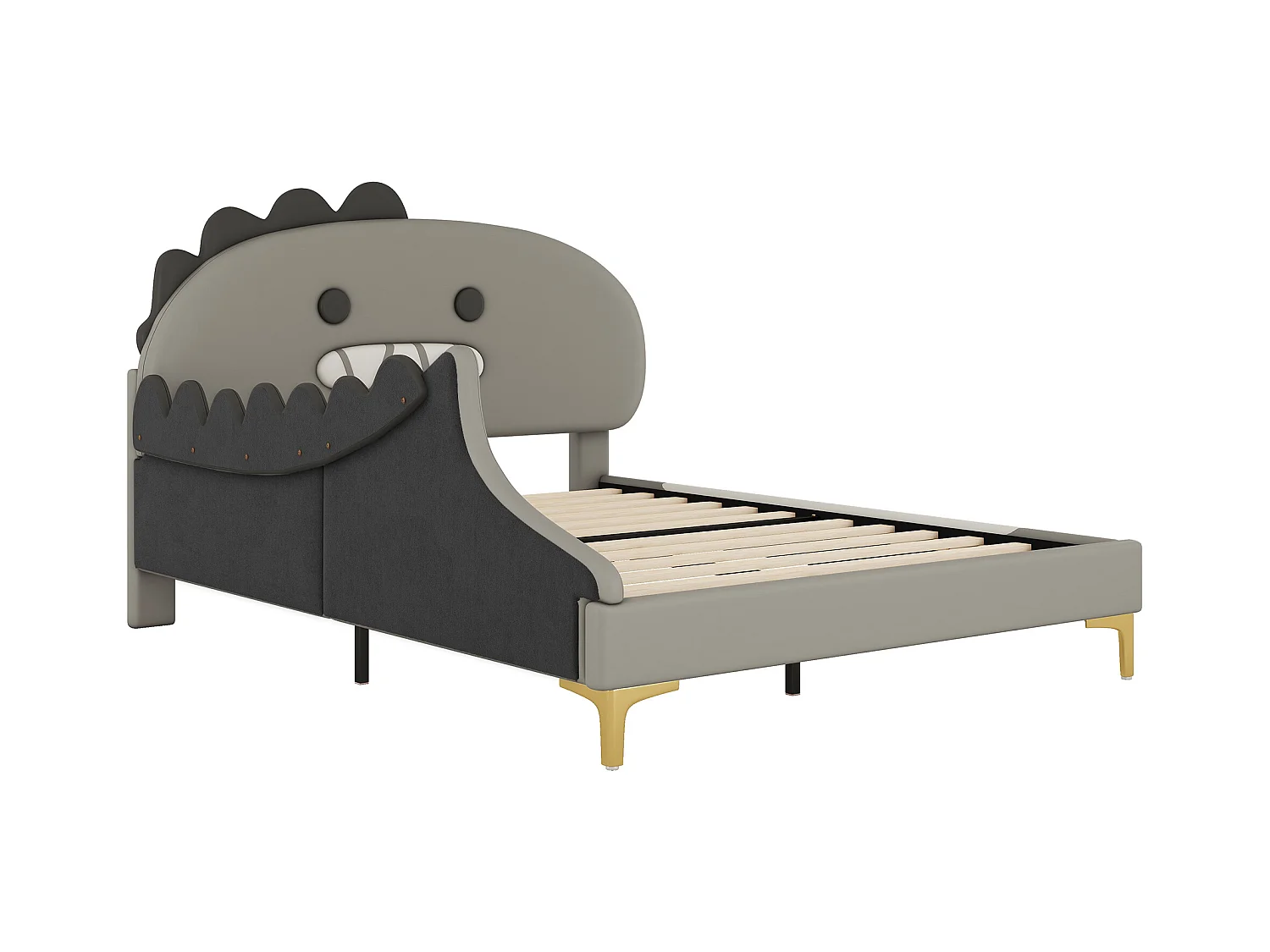 Lit adulte 140x200 cm avec sommier - tête de lit capitonnée forme de dinosaure - similicuir - gris (sans matelas)