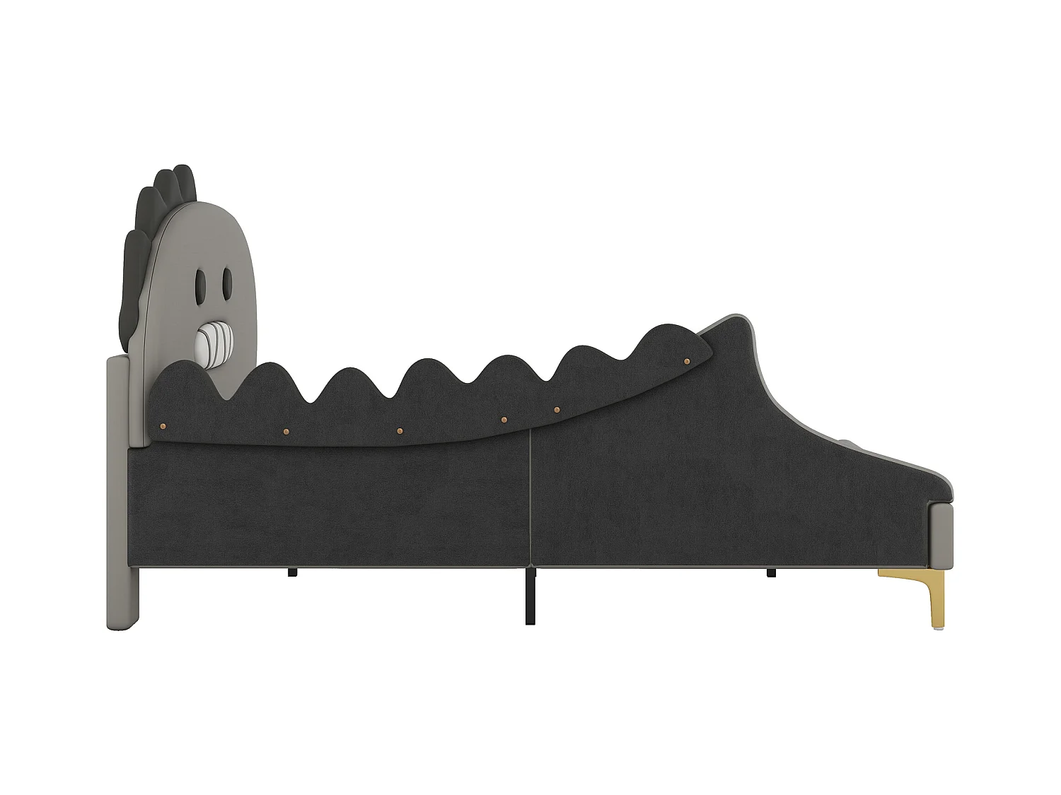 Lit adulte 140x200 cm avec sommier - tête de lit capitonnée forme de dinosaure - similicuir - gris (sans matelas)