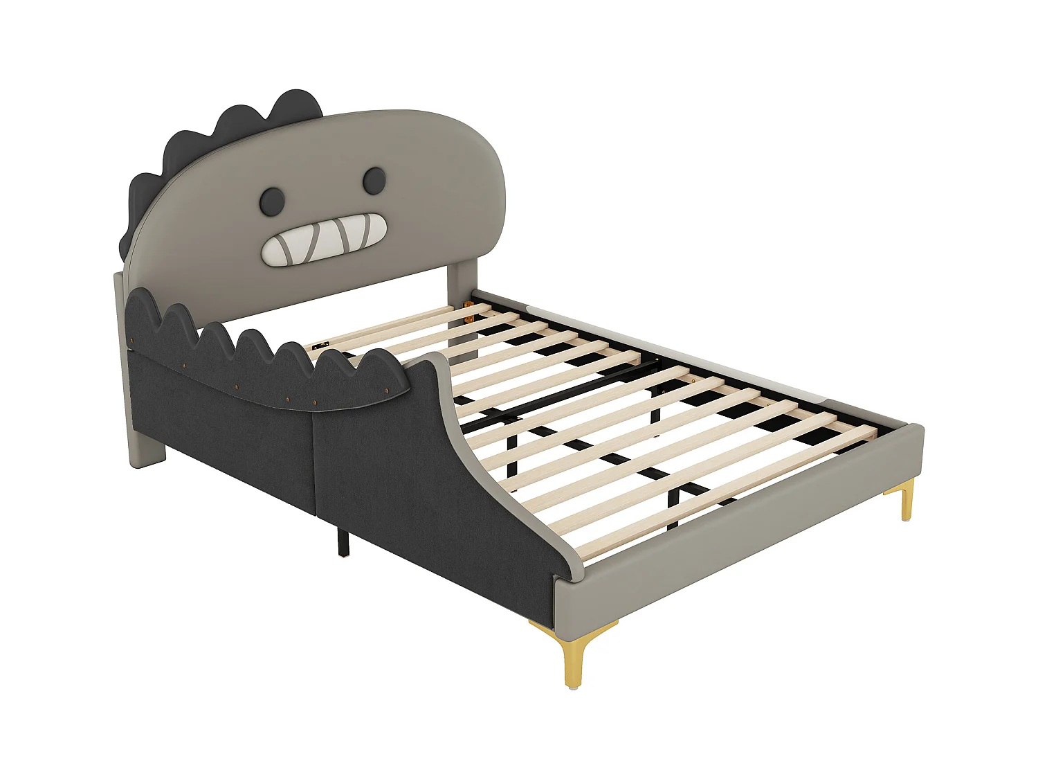 Lit adulte 140x200 cm avec sommier - tête de lit capitonnée forme de dinosaure - similicuir - gris (sans matelas)