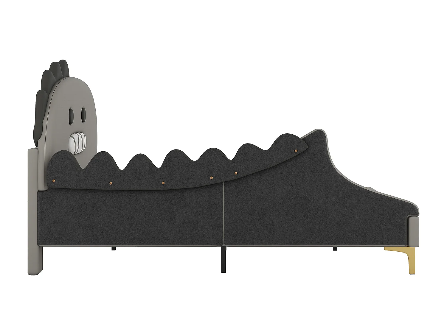 Lit adulte 140x200 cm avec sommier - tête de lit capitonnée forme de dinosaure - similicuir - gris (sans matelas)