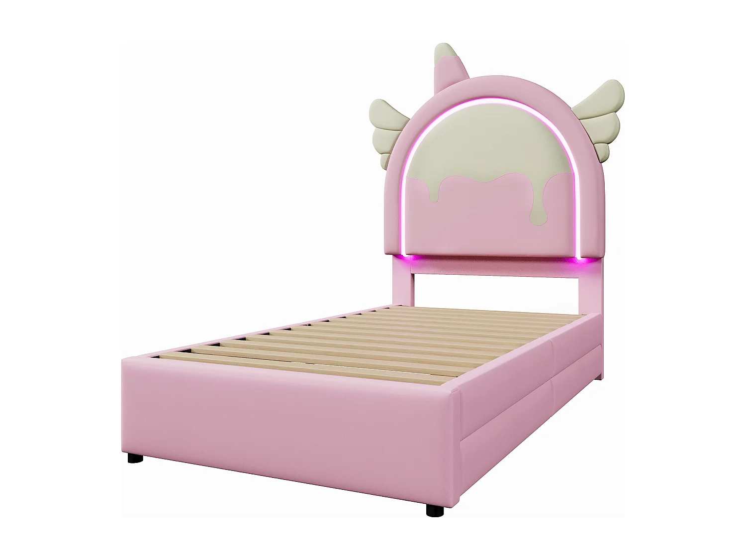 Lit enfant 90x200 cm avec sommier - tête de lit capitonnée avec LED et 2 tiroirs - similicuir - rose (sans matelas)