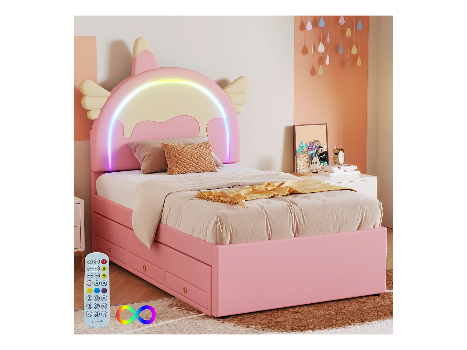 Lit gigogne enfant 90x200 cm avec sommier - tête de lit capitonnée avec LED et 3 tiroirs - similicuir - rose (sans matelas)