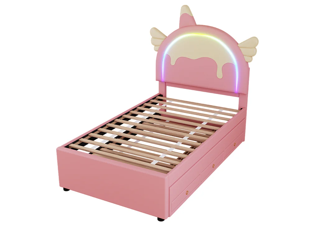 Kinderbed 90x200 cm met lattenbodem - gecapitonneerd hoofdbord met LED-verlichting en 3 laden - kunstleer - roze (zonder matras)