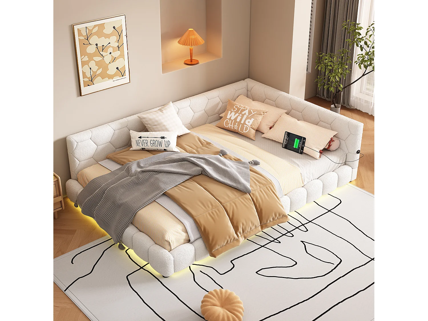 Tweepersoonsbed voor volwassenen 140x200 cm met lattenbodem - gewatteerd hoofdeinde met USB en LED - fluweel - wit (zonder matras)