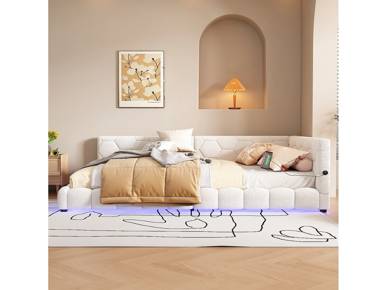 Tweepersoonsbed voor volwassenen 140x200 cm met lattenbodem - gewatteerd hoofdeinde met USB en LED - fluweel - wit (zonder matras)