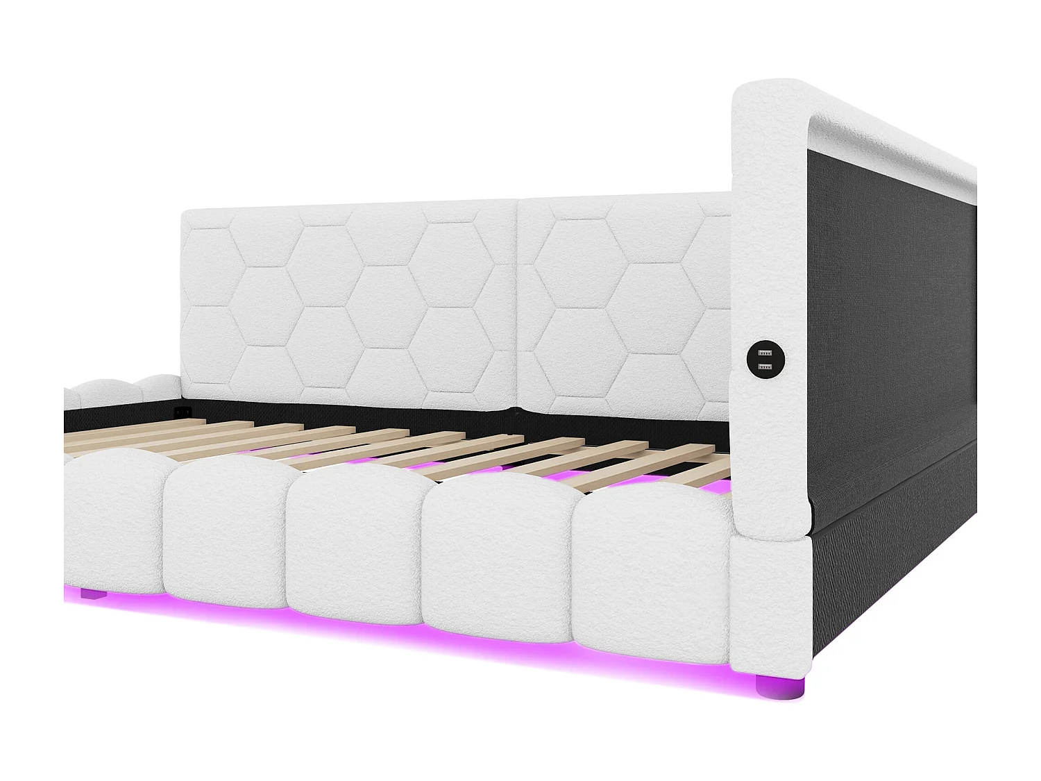 Lit adulte 140x200 cm avec sommier - tête de lit capitonnée avec USB et LED - velours - blanc (sans matelas)