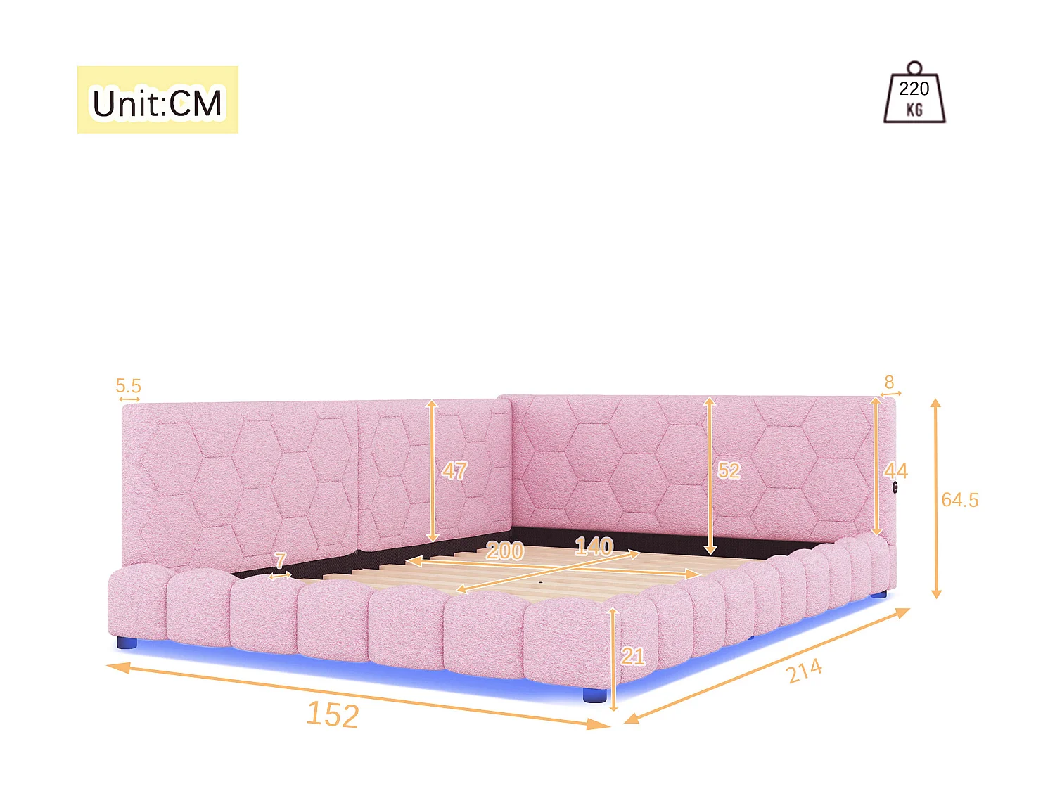 Lit adulte 140x200 cm avec sommier - tête de lit capitonnée avec USB et LED - velours - rose (sans matelas)