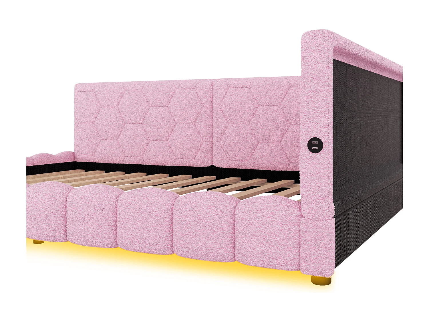 Lit adulte 140x200 cm avec sommier - tête de lit capitonnée avec USB et LED - velours - rose (sans matelas)