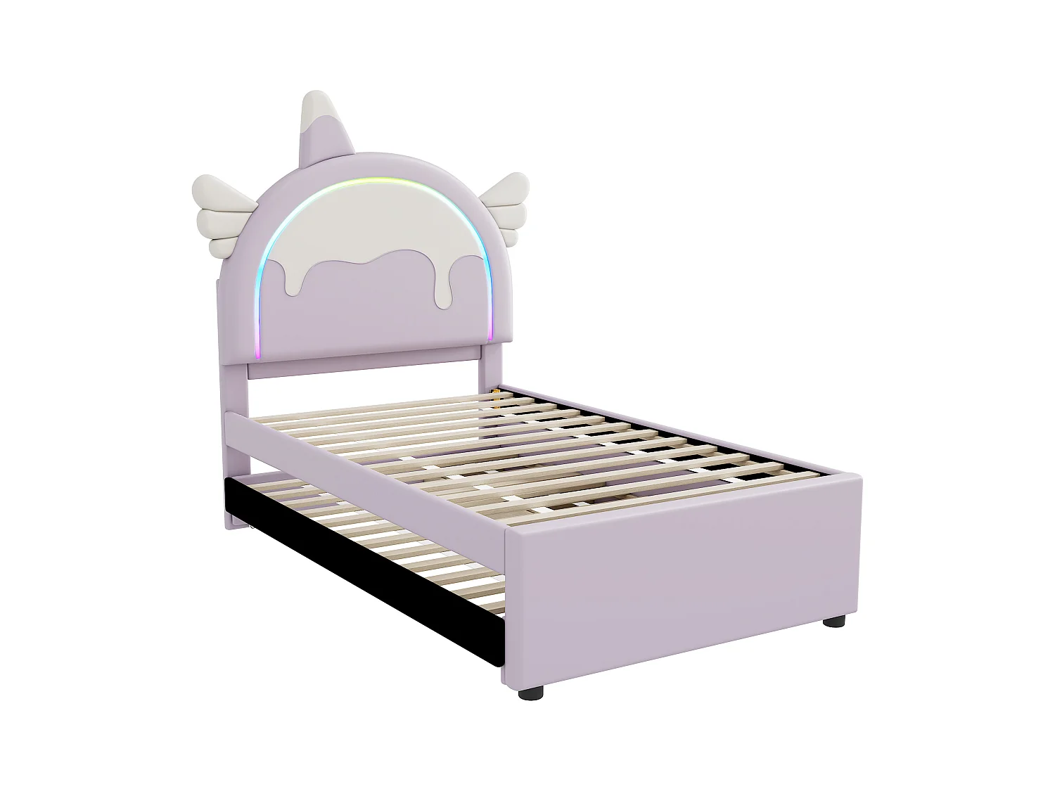 Lit gigogne enfant 90x200 cm avec sommier - tête de lit capitonnée avec LED et 3 tiroirs - similicuir - violet (sans matelas)