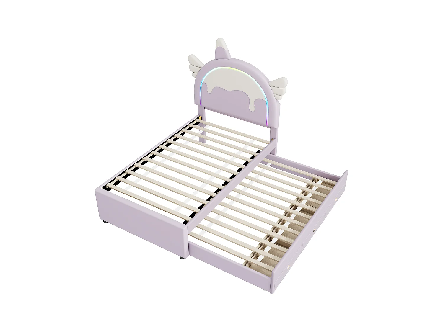 Lit gigogne enfant 90x200 cm avec sommier - tête de lit capitonnée avec LED et 3 tiroirs - similicuir - violet (sans matelas)