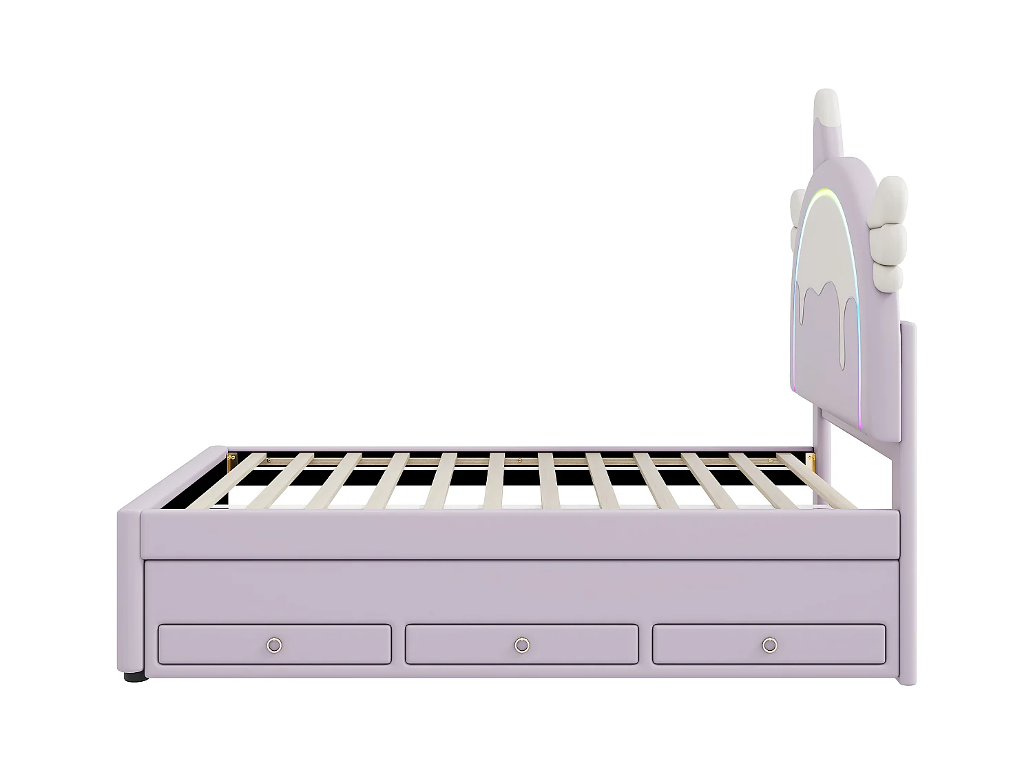 Lit gigogne enfant 90x200 cm avec sommier - tête de lit capitonnée avec LED et 3 tiroirs - similicuir - violet (sans matelas)